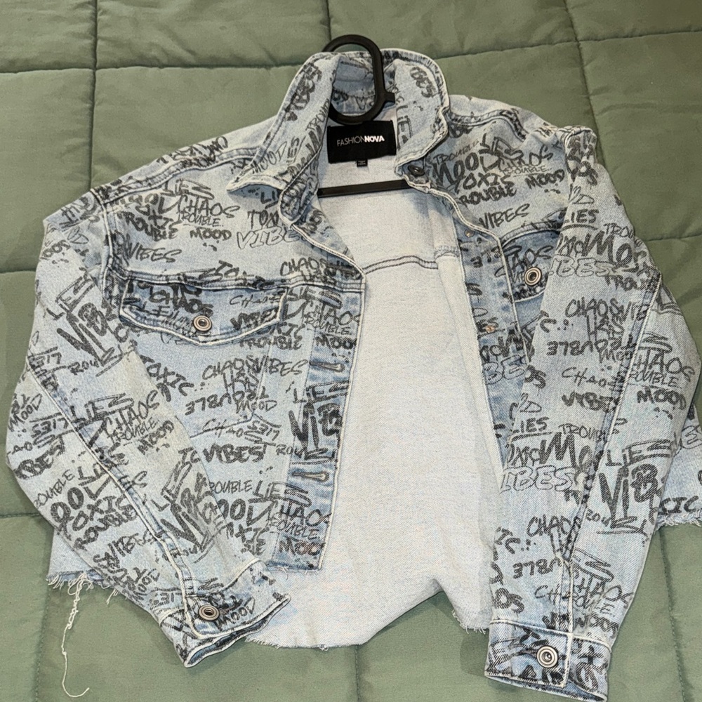 Fashion Nova Black and Gray Graphic Jacket